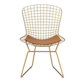 Benzara Metal Side Chair with Cage Design Backrest and Sled Base, Set of 2, Gold BM225692 Gold Metal and Faux Leather BM225692