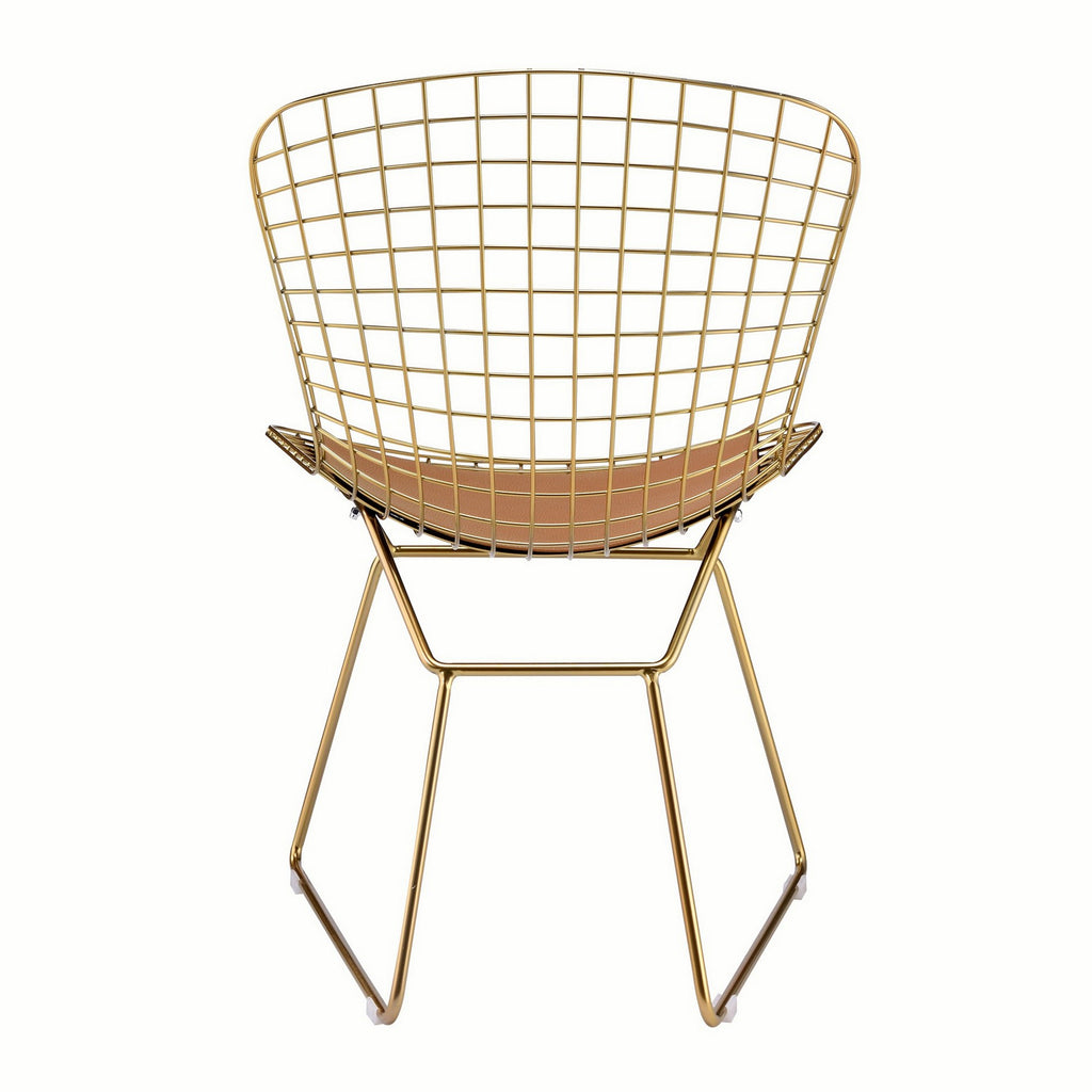 Benzara Metal Side Chair with Cage Design Backrest and Sled Base, Set of 2, Gold BM225692 Gold Metal and Faux Leather BM225692