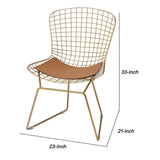 Benzara Metal Side Chair with Cage Design Backrest and Sled Base, Set of 2, Gold BM225692 Gold Metal and Faux Leather BM225692