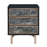 Benzara 3 Drawer Faux Marble Front Nightstand with Metal Legs, Black and Gold BM225698 Black and Gold Solid Wood, Veneer and Metal BM225698