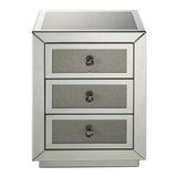 Benzara 3 Drawer Mirrored Nightstand with Faux Diamond Inlay, Silver BM225699 Silver Solid Wood, Mirror and Faux Diamond BM225699