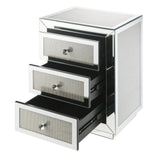 Benzara 3 Drawer Mirrored Nightstand with Faux Diamond Inlay, Silver BM225699 Silver Solid Wood, Mirror and Faux Diamond BM225699