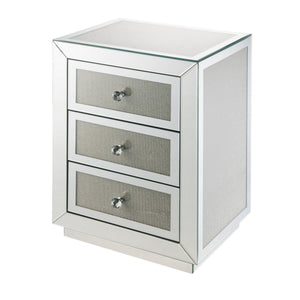 Benzara 3 Drawer Mirrored Nightstand with Faux Diamond Inlay, Silver BM225699 Silver Solid Wood, Mirror and Faux Diamond BM225699