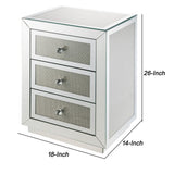 Benzara 3 Drawer Mirrored Nightstand with Faux Diamond Inlay, Silver BM225699 Silver Solid Wood, Mirror and Faux Diamond BM225699