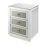 3 Drawer Mirrored Nightstand with Faux Diamond Inlay, Silver