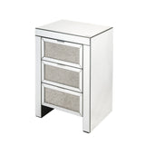 Benzara 3 Drawer Beveled Mirrored Nightstand with Faux Diamond Inlay, Silver BM225700 Silver Solid Wood, Mirror and Faux Diamond BM225700