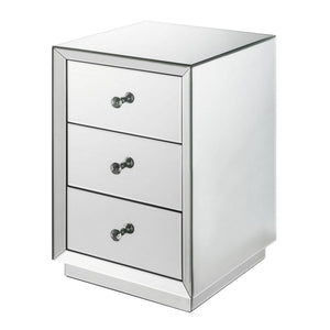 Benzara 3 Drawer Beveled Mirrored Nightstand with Floating Plinth Base Silver BM225701 Silver Solid Wood and Mirror BM225701