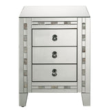 Benzara 3 Drawer Beveled Mirrored Nightstand with Pearl Inlay, Silver BM225702 Silver Solid Wood and Mirror BM225702