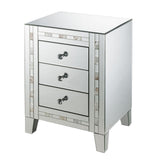 Benzara 3 Drawer Beveled Mirrored Nightstand with Pearl Inlay, Silver BM225702 Silver Solid Wood and Mirror BM225702