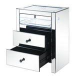 Benzara 2 Drawer Beveled Mirrored Nightstand with Glass Top and LED, Silver BM225703 Silver Solid Wood, Glass and Mirror BM225703