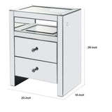 Benzara 2 Drawer Beveled Mirrored Nightstand with Glass Top and LED, Silver BM225703 Silver Solid Wood, Glass and Mirror BM225703