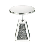 Benzara Round Mirrored Accent Table with Pedestal Base and Glass Top, Silver BM225705 Silver Solid Wood, Mirror, Glass and Faux Diamond BM225705