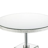 Benzara Round Mirrored Accent Table with Pedestal Base and Glass Top, Silver BM225705 Silver Solid Wood, Mirror, Glass and Faux Diamond BM225705