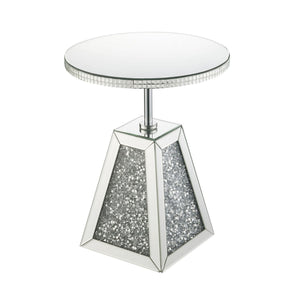 Benzara Round Mirrored Accent Table with Pedestal Base and Glass Top, Silver BM225705 Silver Solid Wood, Mirror, Glass and Faux Diamond BM225705