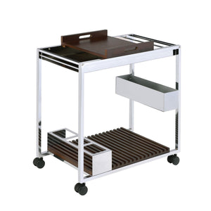 Benzara Metal and Wood Serving Cart with Tray and Floating Shelf, Brown and Silver BM225725 Brown, Silver Solid Wood, Veneer, Metal BM225725