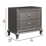 Benzara Wooden Nightstand with Faux Crystal Accents and 2 Drawers, Gray BM225822 Gray Wood and Faux Crystal BM225822