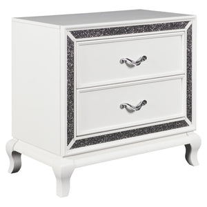 Benzara Wooden Nightstand with Faux Crystal Accents and 2 Drawers, White BM225823 White Wood and Faux Crystal BM225823