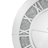 Benzara Round Beveled Mirror Frame Wall Clock with Faux diamond Inlay, Silver BM225865 Silver Solid Wood, Mirror and Faux Diamond BM225865