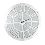 Mirror Panel Frame Wall Clock with Crushed Faux Diamond Inlay, Silver