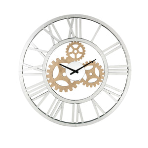 Benzara Round Mirror Panel Open Frame Wall Clock with Gear Design, Silver BM225867 Silver Solid Wood and Mirror BM225867