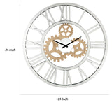 Benzara Round Mirror Panel Open Frame Wall Clock with Gear Design, Silver BM225867 Silver Solid Wood and Mirror BM225867