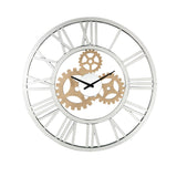 Round Mirror Panel Open Frame Wall Clock with Gear Design, Silver