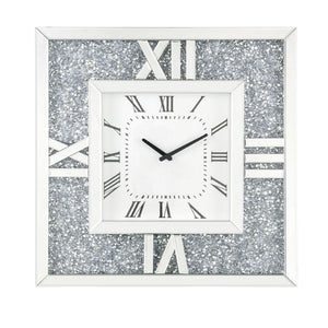 Benzara Square Mirror Panel Frame Wall Clock with Faux Diamond, Silver BM225868 Silver Solid Wood, Mirror and Faux Diamond BM225868