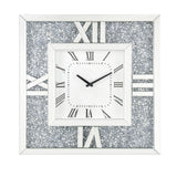 Square Mirror Panel Frame Wall Clock with Faux Diamond, Silver