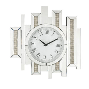 Benzara Irregular Mirror Panel Frame Wall Clock with Faux Diamond Inlay, Silver BM225869 Silver Solid Wood, Mirror and Faux Diamond BM225869