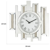 Benzara Irregular Mirror Panel Frame Wall Clock with Faux Diamond Inlay, Silver BM225869 Silver Solid Wood, Mirror and Faux Diamond BM225869