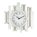 Irregular Mirror Panel Frame Wall Clock with Faux Diamond Inlay, Silver