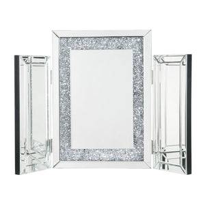 Benzara Tri Fold Mirror Panel Frame Accent Decor with Faux Diamond, Silver BM225871 Silver Solid Wood, Mirror, Glass and Faux Diamond BM225871