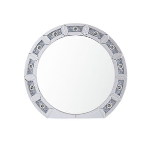 Benzara Round Mirror Panel Wall Decor with Light Function and Faux Diamond, Silver BM225874 Silver Solid Wood, Mirror, Glass and Faux Diamond BM225874