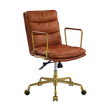 Leatherette Office Chair with Horizontal Tufting and Metal Star Base, Brown