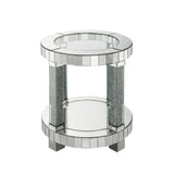 Benzara Round Mirrored Frame End Table with Faux Diamond and Bottom Shelf, Silver BM225887 Silver Solid Wood, Mirror, Glass and Faux Diamond BM225887