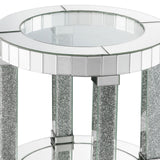 Benzara Round Mirrored Frame End Table with Faux Diamond and Bottom Shelf, Silver BM225887 Silver Solid Wood, Mirror, Glass and Faux Diamond BM225887