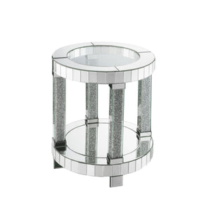 Benzara Round Mirrored Frame End Table with Faux Diamond and Bottom Shelf, Silver BM225887 Silver Solid Wood, Mirror, Glass and Faux Diamond BM225887