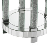 Benzara Round Mirrored Frame End Table with Faux Diamond and Bottom Shelf, Silver BM225887 Silver Solid Wood, Mirror, Glass and Faux Diamond BM225887