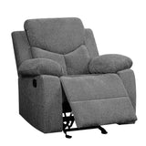 Benzara Fabric Upholstered Glider Recliner Chair with Pillow Top Armrest, Gray BM225898 Gray Solid Wood, Metal and Fabric BM225898