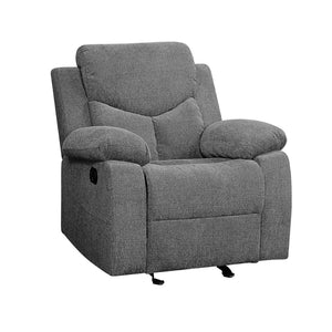 Benzara Fabric Upholstered Glider Recliner Chair with Pillow Top Armrest, Gray BM225898 Gray Solid Wood, Metal and Fabric BM225898