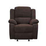 Benzara Fabric Upholstered Glider Recliner Chair with Pillow Top Armrest, Brown BM225902 Brown Solid Wood, Metal and Fabric BM225902