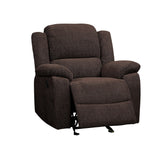 Benzara Fabric Upholstered Glider Recliner Chair with Pillow Top Armrest, Brown BM225902 Brown Solid Wood, Metal and Fabric BM225902