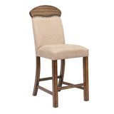 Benzara Fabric Counter Height Chair with Arched Wooden Top,Set of 2,Beige and Brown BM225903 Beige and Brown Solid Wood and Fabric BM225903