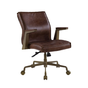 Benzara Swivel Sloped Back Leatherette Office Chair with Star Base, Brown BM225914 Brown Solid Wood, Metal and Leather BM225914