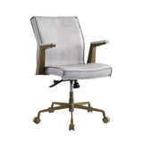 Benzara Swivel Sloped Back Leatherette Office Chair with Star Base, White and Brown BM225915 White and Brown Solid Wood, Metal and Leather BM225915