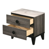 Benzara 2 Drawer Wooden Nightstand with Diamond Metal Knobs, Gray and Black BM225916 Gray and Black Solid Wood, Metal and Faux Marble BM225916