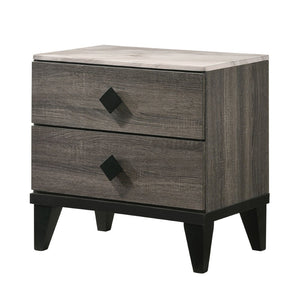 Benzara 2 Drawer Wooden Nightstand with Diamond Metal Knobs, Gray and Black BM225916 Gray and Black Solid Wood, Metal and Faux Marble BM225916