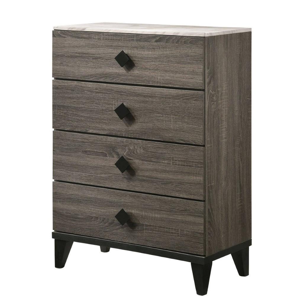 Benzara 5 Drawer Wooden Chest with Diamond Metal Knobs, Gray and Black BM225918 Gray and Black Solid Wood, Metal and Faux Marble BM225918