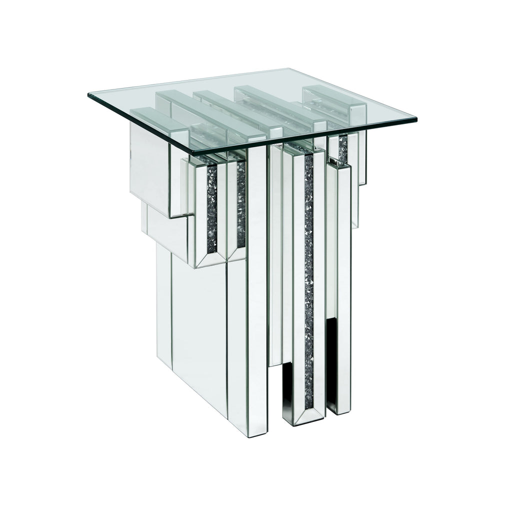 Benzara Glass Top End Table with Mirror Panels and Faux Gemstone Accents, Silver BM225941 Silver Glass, Mirror and Faux Gemstone BM225941
