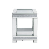 Benzara End Table with Faux Gemstone Accents and Open Bottom Mirrored Shelf, Silver BM225943 Silver Mirror, Glass and Faux Gemstones BM225943